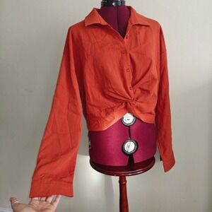Zeagoo Orange Long Sleeve Cropped Button‎ Up Shirt Tie Front Collar XXL